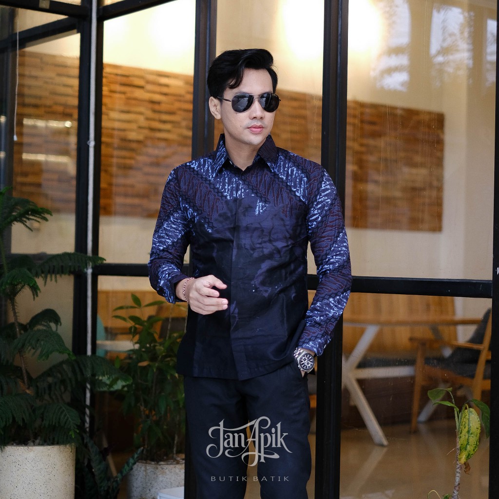JAN APIK | Baju Batik Pria Lengan Panjang, Katun Premium, Lapis Furing, Mewah. Warna Biru