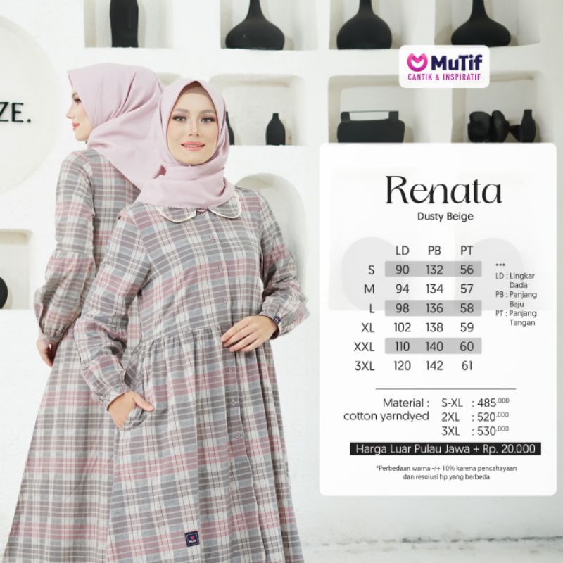 Gamis Mutif Renata Dusty Beige Kotak Kotak Dres Wanita Dewasa Muslim Lebar Rok Panjang