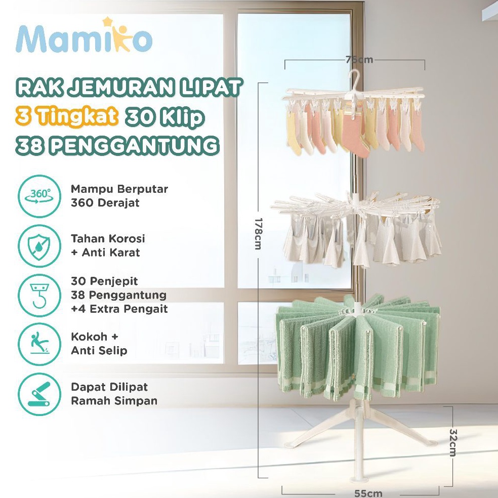 55REKOMENDASI Mamiko Rak Jemuran 3 Tingkat 3 Klip  Jemuran Baju Bayi Lipat  Multifunctional Folding 