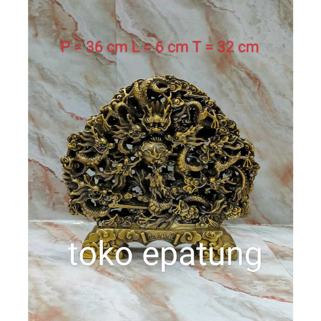 pajangan patung 9 naga kaisar giok - kuningan - t. 32 cm