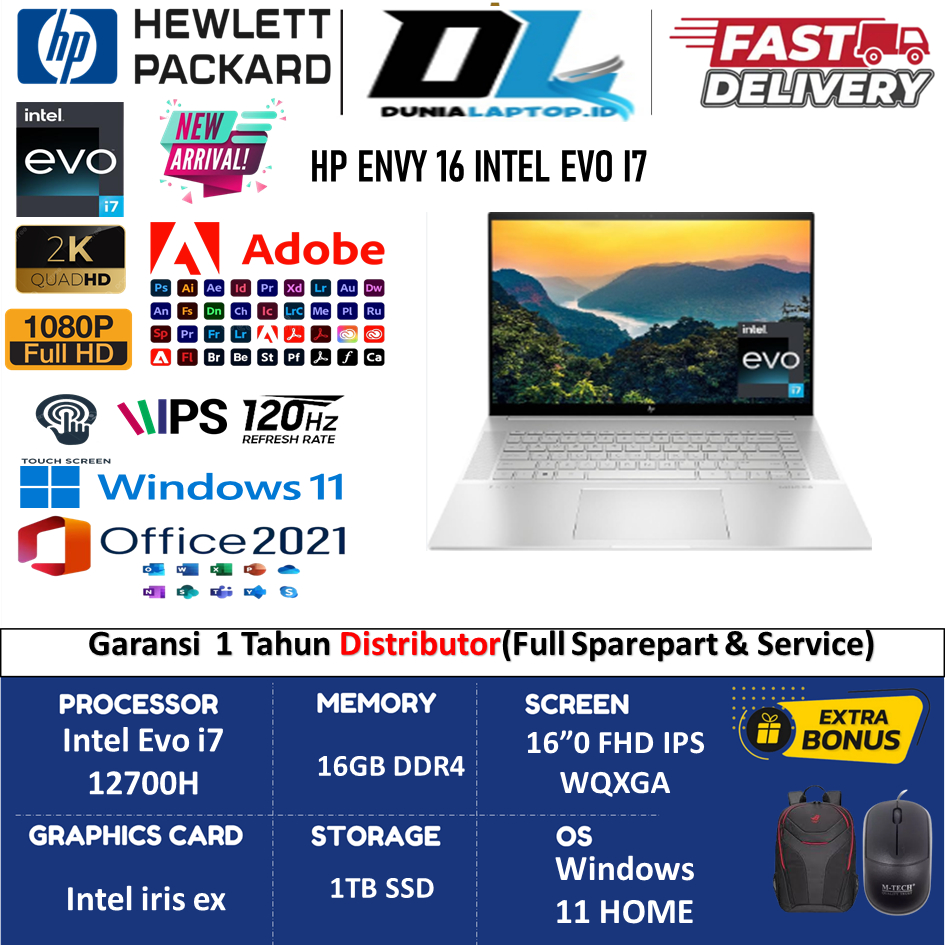HP Envy 16 Touch Intel Evo i7 12700H 32GB DDR5 1TB SSD A370M-4GB 16" Inch WQXGA 120Hz Windows