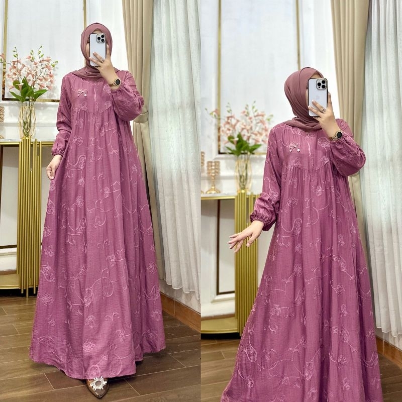 Nura Collection Official - Gamis Katun Polo Bordir - Baju Gamis Wanita Model Terbaru Bahan Katun Pol