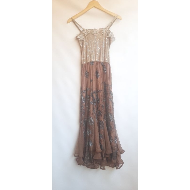 Dress Gaun Pesta Panjang Maxi Pesta Kondangan Coksu Glamor Payet Flowy Vintage Like New Preloved PL 