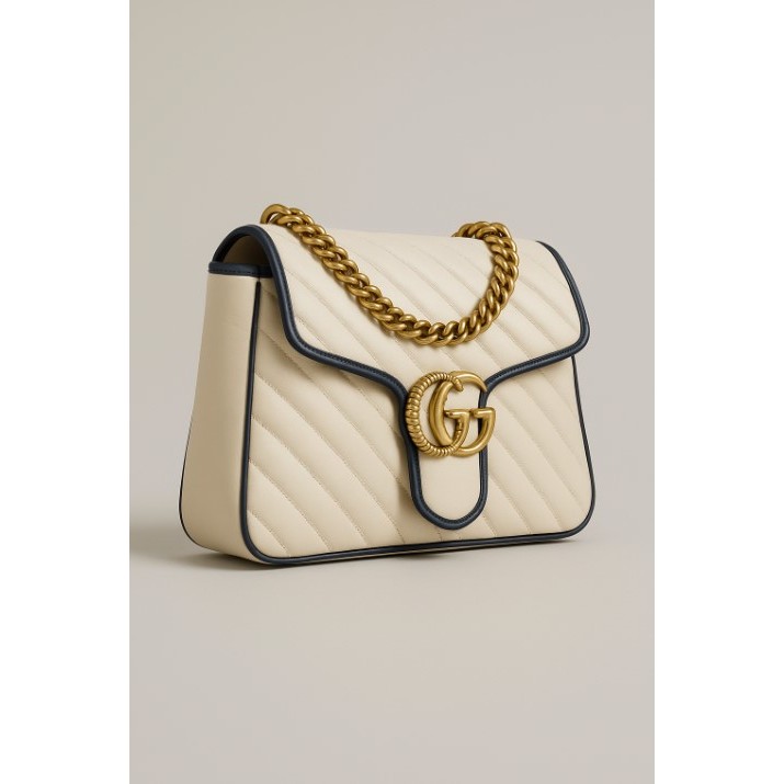 GUCCI Marmont Tas Rantai - Tas Bahu & Selempang dengan Pemblokiran Warna Biru dan Putih, Logo Emas, 