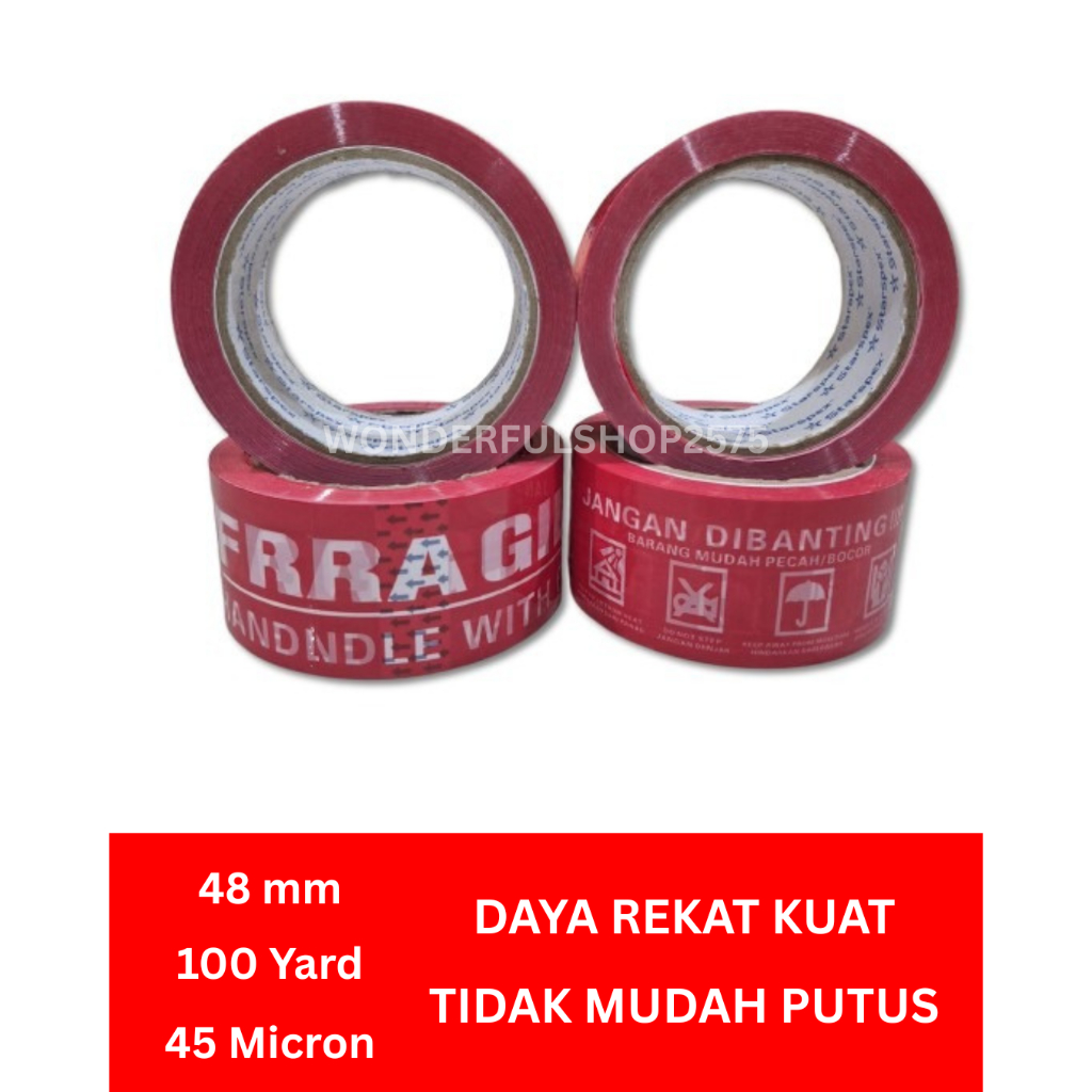 

Lakban Fragile Merah 48mm x 100Yard Handle With Care Jangan dibanting