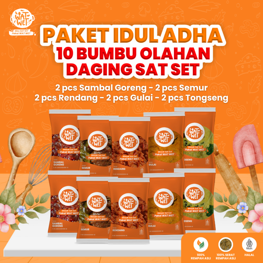 

[PAKET SPESIAL IDUL ADHA 10pcs] WAT WET - Bumbu Masak Instan Isi 10 pcs 5 Varian | Bumbu Basah Varian Rendang, Gulai, Tongseng, Semur, Sambal Goreng