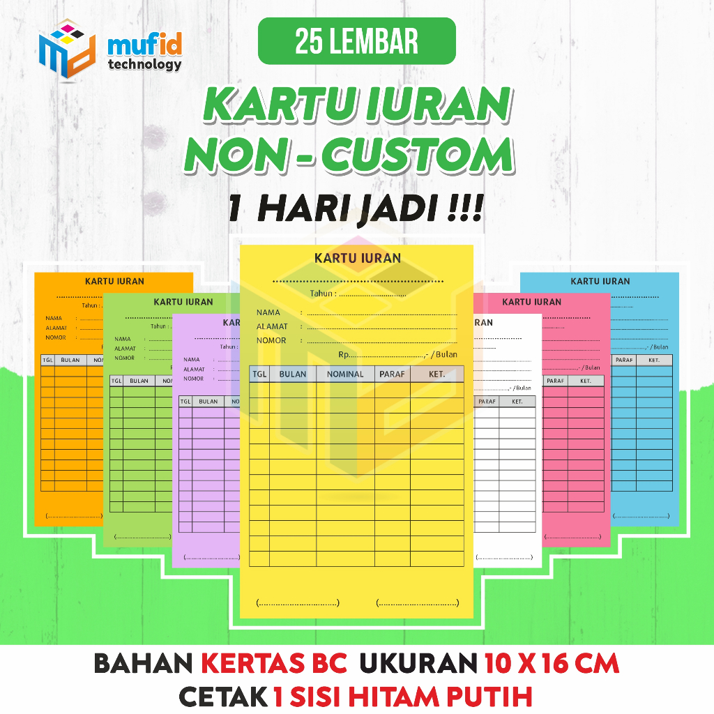 

25 LEMBAR (10 X 16 CM) KARTU IURAN KAS/SPP/PAGUYUBAN/INFAQ/SAMPAH/BIMBEL (NON-CUST0M)