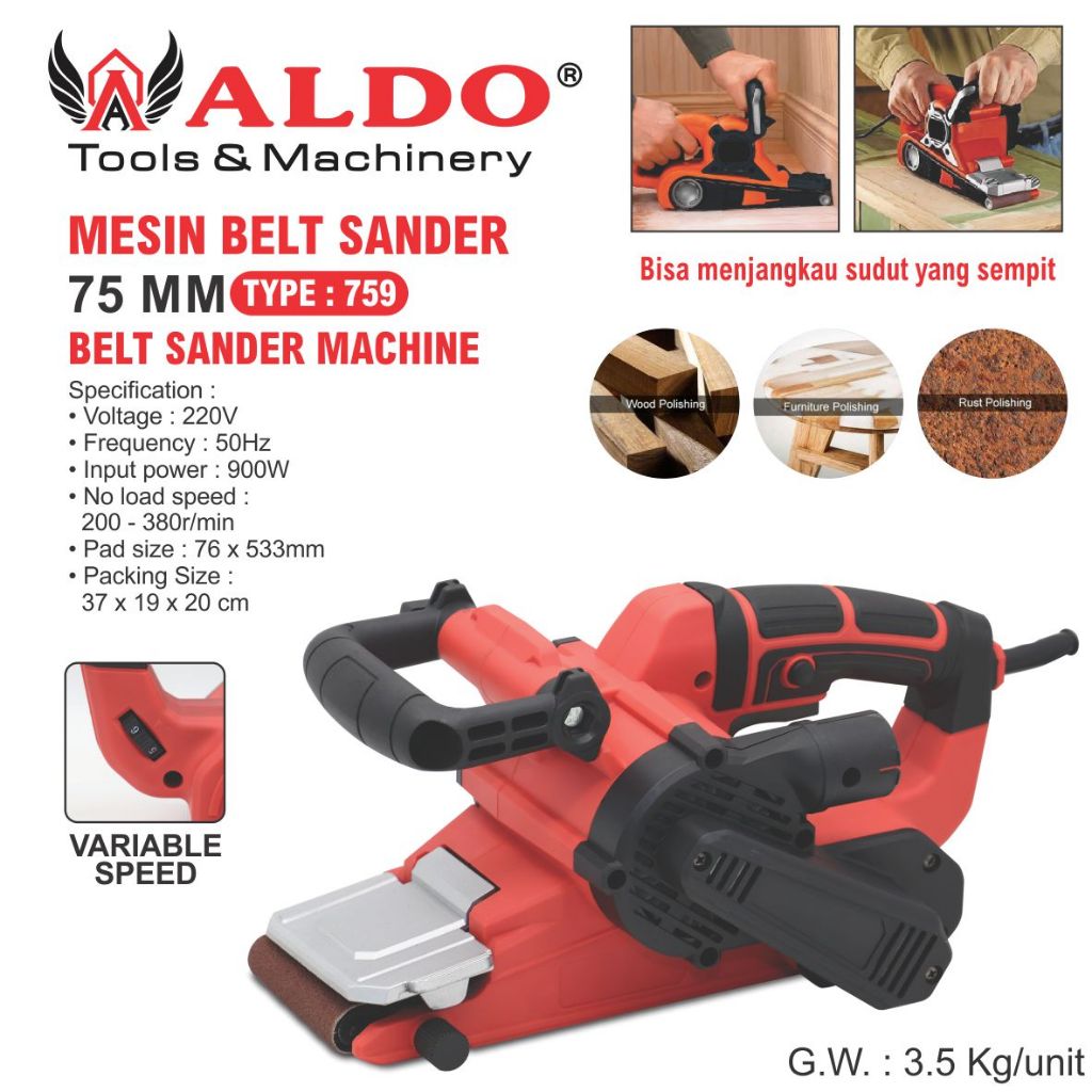 MESIN BELT SANDER 75 MM 759 / BELT SANDER MACHINE / MESIN AMPLAS KAYU BELT SANDER MERK ALDO