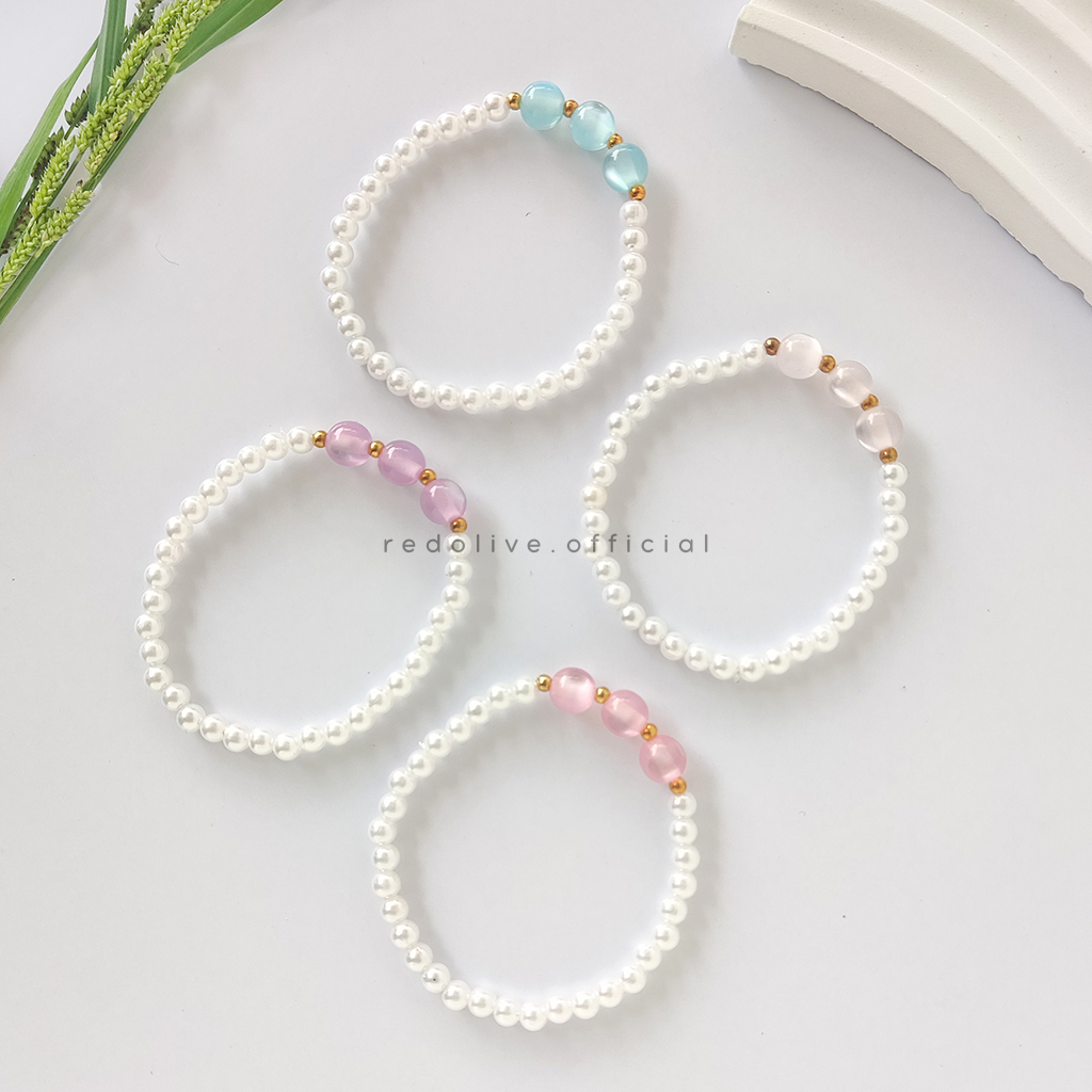 Gelang Mutiara Mini Putih Polos Kombinasi Tali Karet Elastis Gelang Monte Warna Polos 3