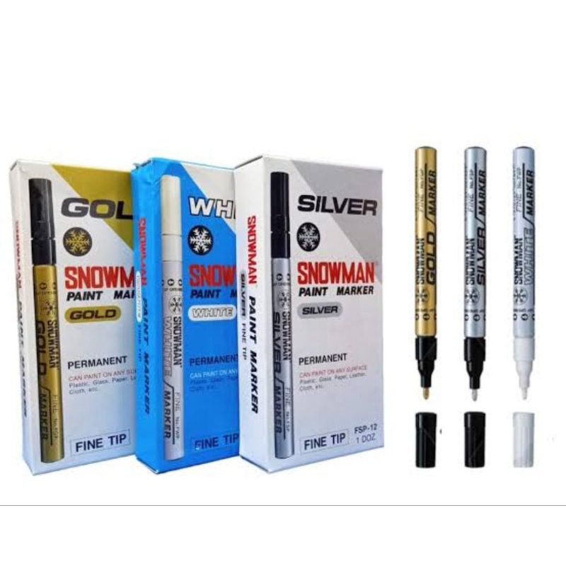 

Spidol Snowman Permanen Paint Marker GP-12 Tinta Gold/Emas Silver SP-12 Hitam CP-12 Putih WP-12 Harga Satuan Per Pcs