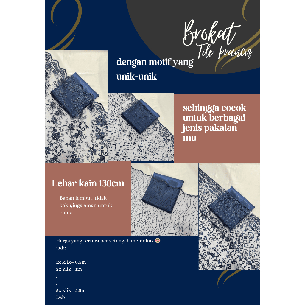 Hnna 0,5 Meter Kain Tile Etnik/ Tile Sapto/ Bahan Brokat Kebaya NAVY