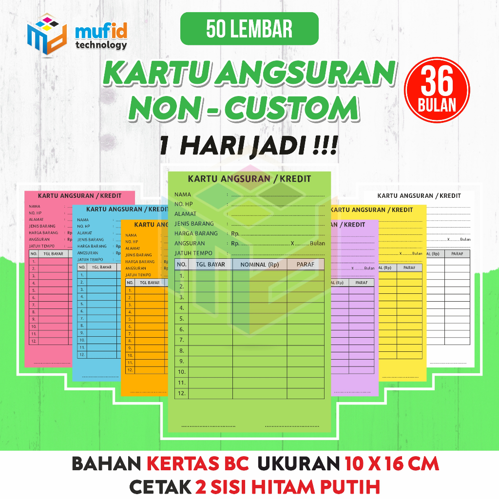 

50 LEMBAR (10 X 16 CM) KARTU ANGSURAN/KREDIT 36 BULAN (NON-CUST0M)