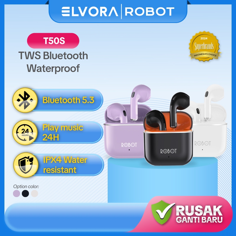 Robot T50 TWS Earphone Headset Airbuds Wireless TWS Waterproof Bluetooth Original - Garansi 1 Tahun