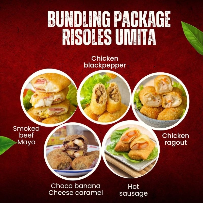 

Paket bundling risoles Umita Frozen (smoked beef mayo,hot sausage,chicken blackpepper,choco banana cheese caramel