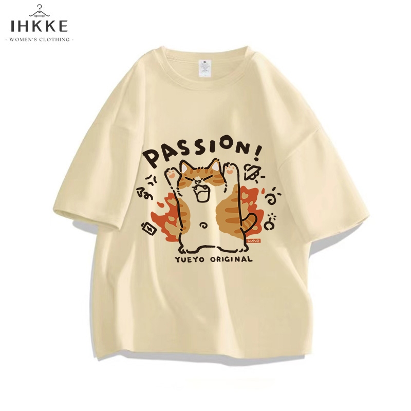 IHKKE Atasan Wanita Kekinian Oversize Korea Style Passion Cartoon Orange Cat Kaos Cream/Lengan Pende