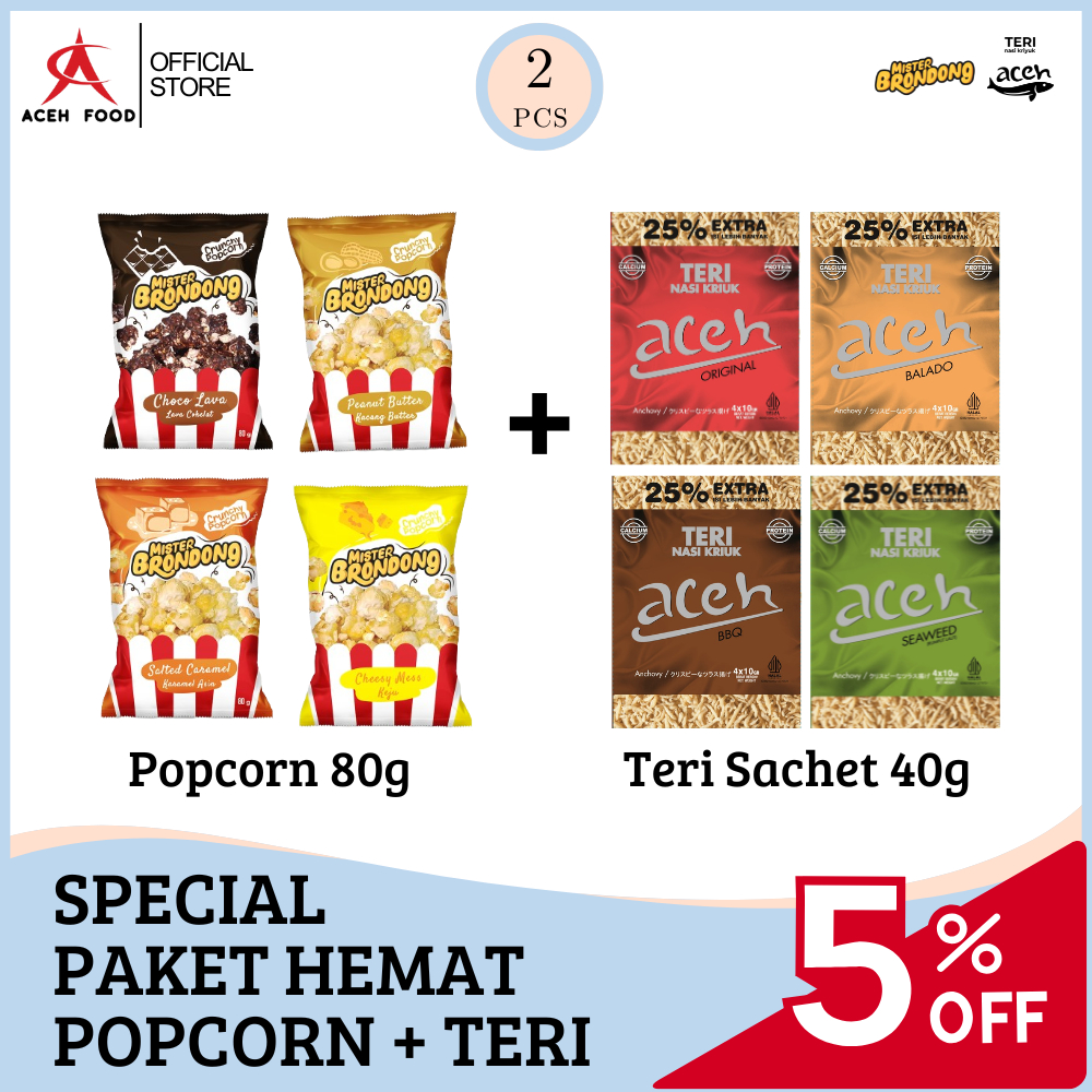 

Special Bundling Paket Hemat Popcorn Mister Brondong 80gr dan Teri Nasi Kriuk Aceh 4pcs x 10gr | Makanan Ringan Snack Rasa Coklat, Keju, Karamel, Selai Kacang, BBQ, Balado, Rumput Laut | Cemilan Snack Praktis untuk Nonton & Lauk | Halal PIRT | Aceh Food