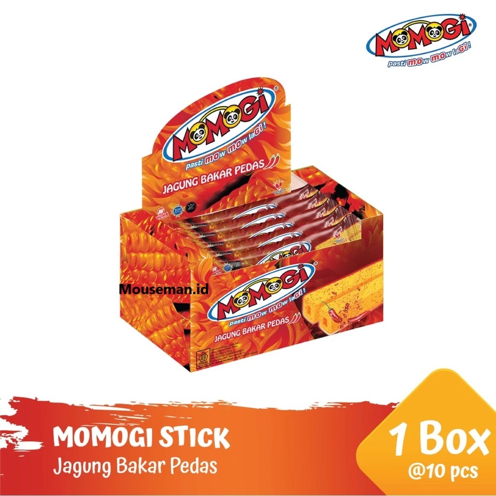 

MOMOGI Stick Makanan Ringan Ekstrudat - Netto 10 pcs x 12 gr Rasa JAGUNG BAKAR PEDAS 1 Dus