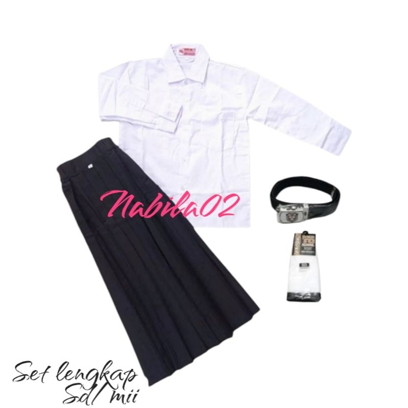 set lengkap baju putih polos panjang rok hitam panjang sd/mii anak perempuan