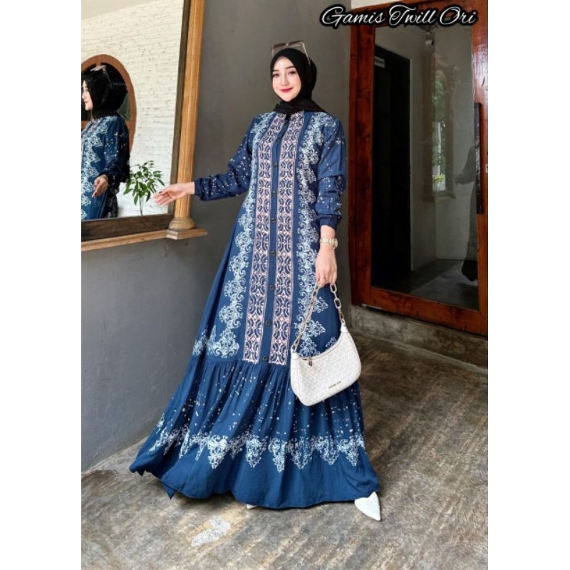Gamis batik Twill Rempel Bawah motif blue tiara