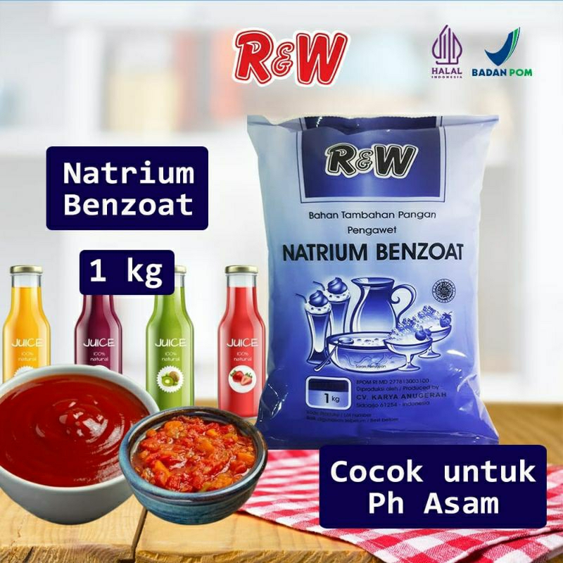 

Natrium Benzoat Sodium Benzoat Pengawet Makanan Minuman Rajawali R&W RW 1 kg Halal BPOM