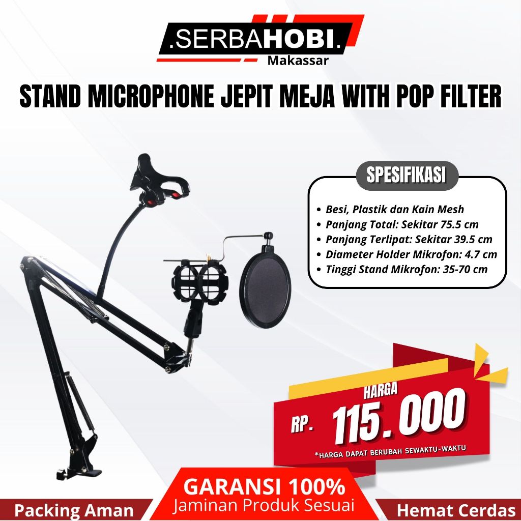 Stand Mic Holder Stand Condenser Jepit Meja model gunting dengan pop
