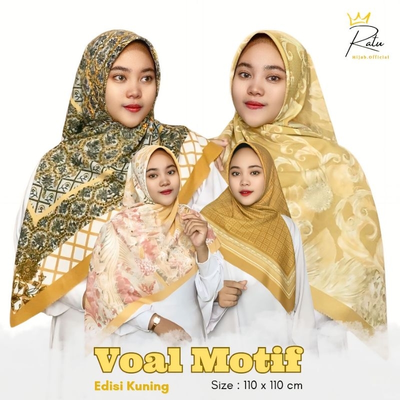 KUNING - Voal Premium Motif Hijab Segiempat Yellow Mustard Kunyit Lemon Lime