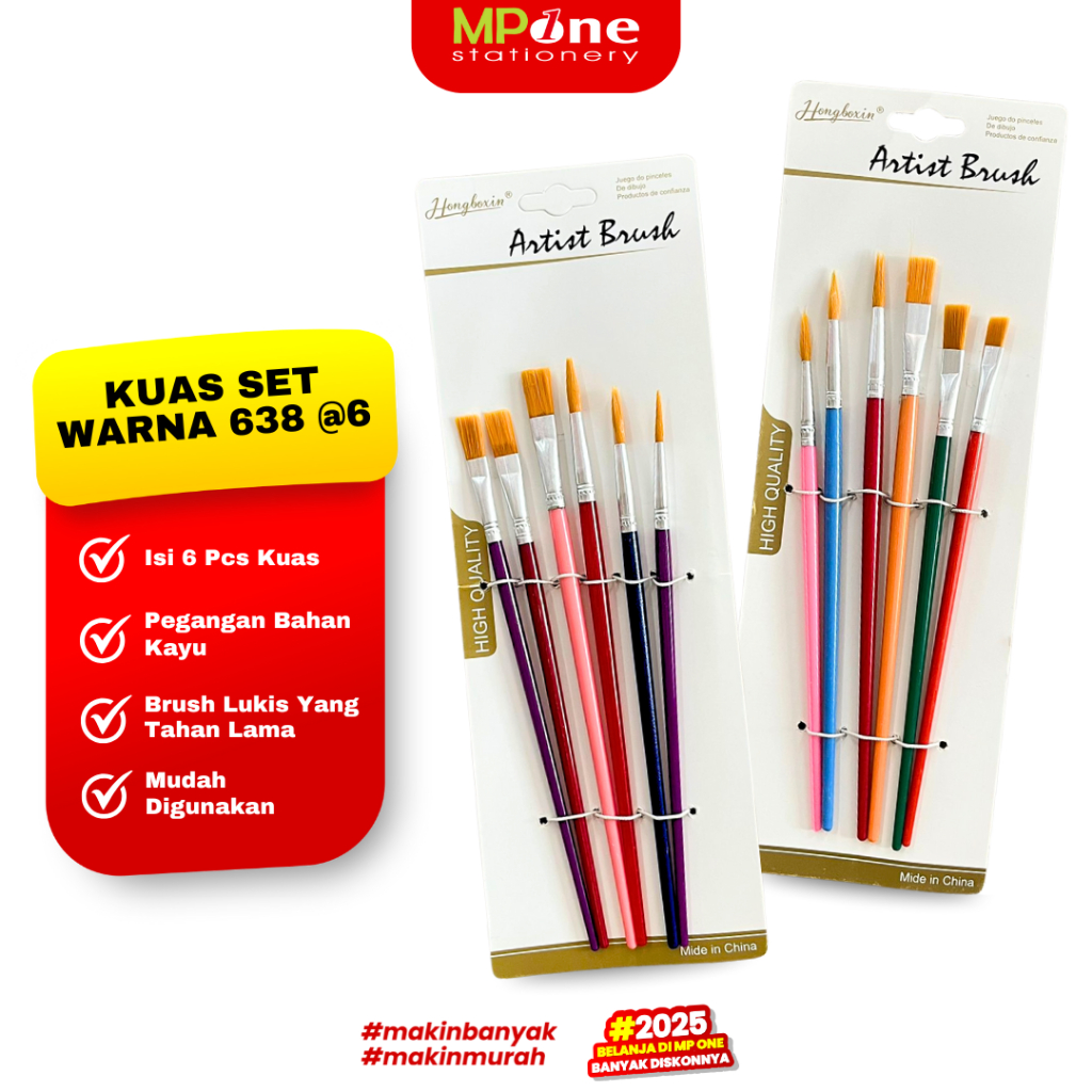 

(1 SHEET) Hangboxin Kuas Set 638 @6S Oval dan Datar / Brushes Set Paint Brush 6 Ukuran / Kuas Cat Isi 6