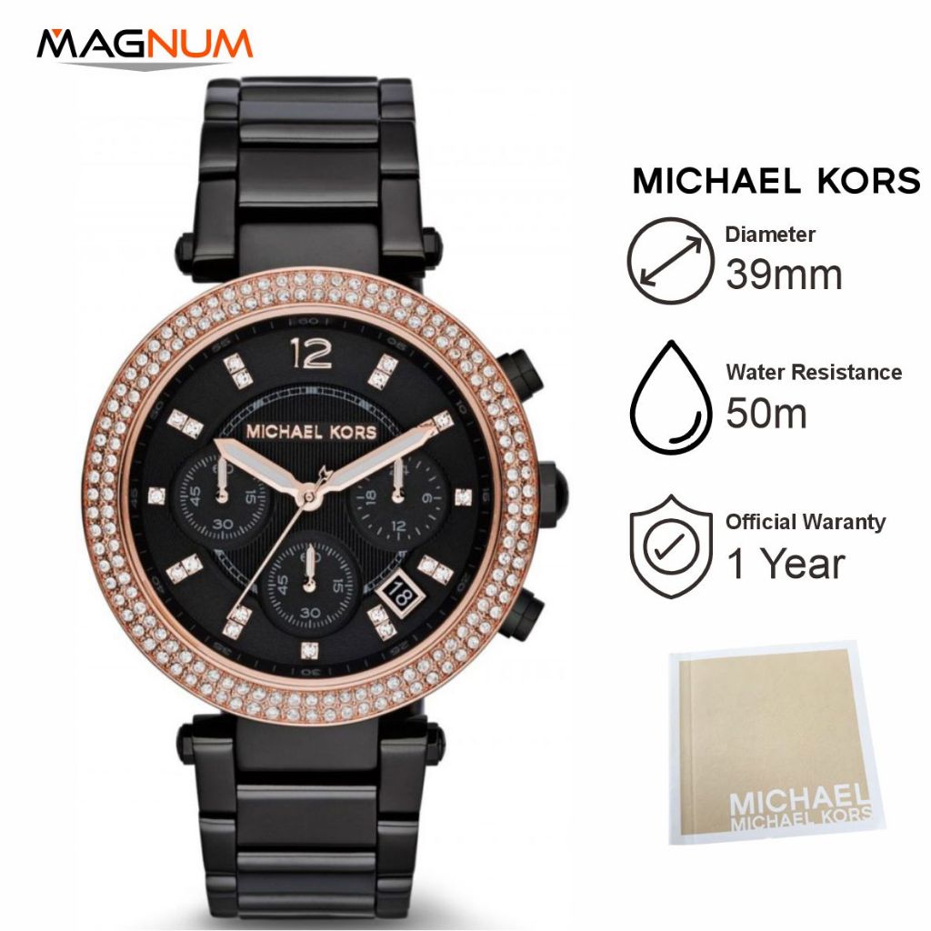 Michael Kors MK5885 Chronograph Stainless Steel Black Gold Jam Tangan Wanita