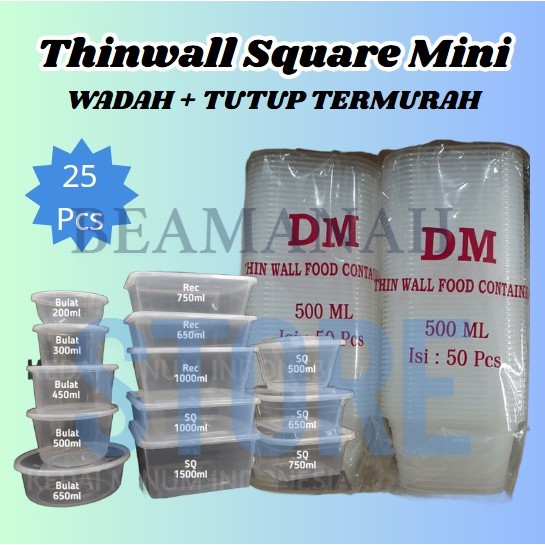 Thinwall Square mini Kotak Makan Plastik Persegi KECIL 120 ML 150ML 350ML 500MLSemua Ukuran THINWALL