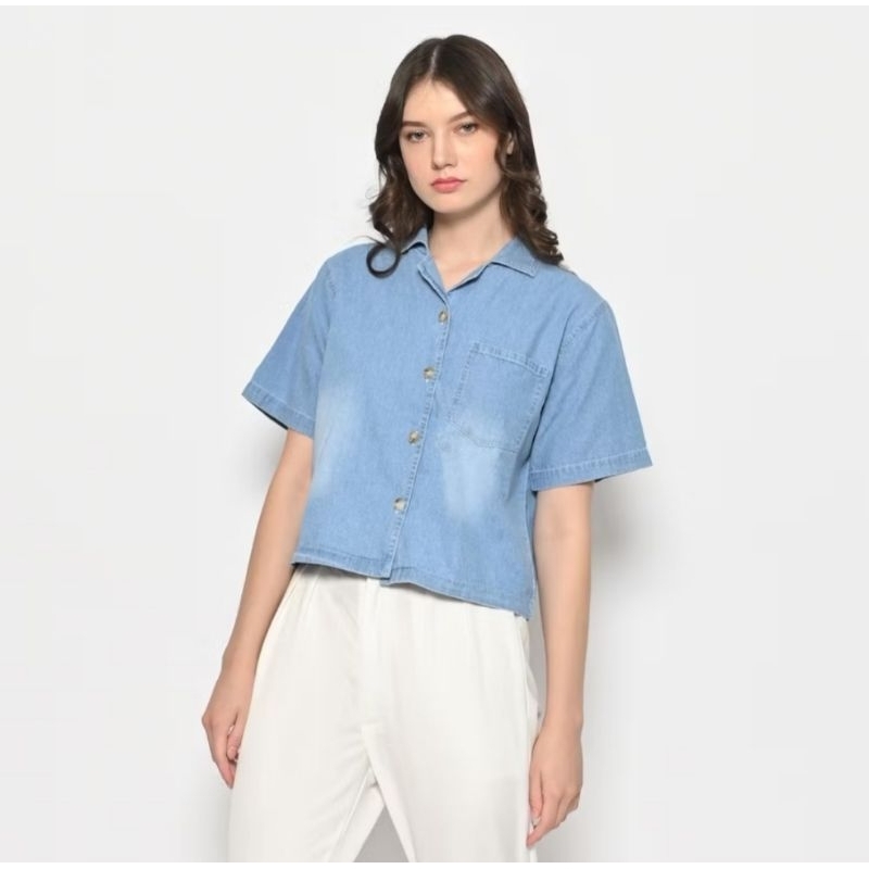 Kemeja Crop Casual Wanita Denim Jeans Lengan Pendek