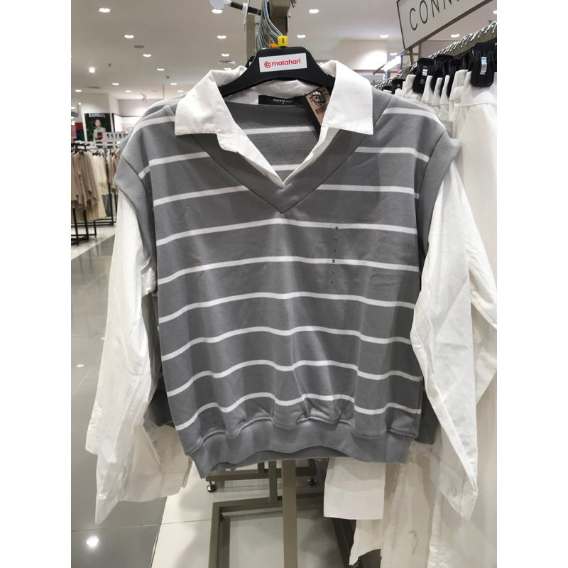 Connextion blouse vest wanita lengan panjang salur abu khaki hitam