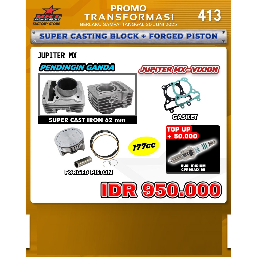 BLOK DOUBLE COOLER 62.00 MM + FORGED PISTON 177 CC JUPITER MX/VIXION BRT BINTANG RACINGTEAM