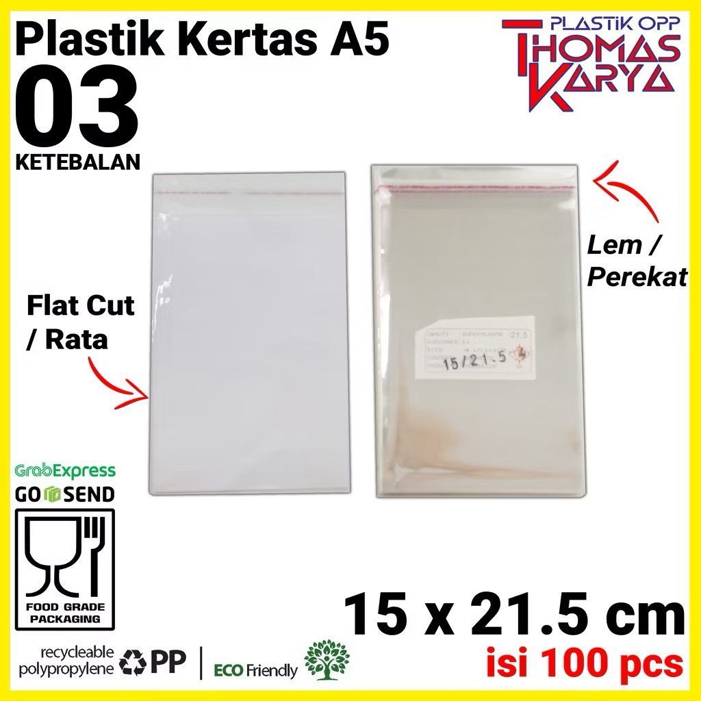 Plastik OPP TEBAL Ekonomis 15x21,5 Lem | Isi 100 | Kantong Bening | Kemasan Kertas A5 | Plastik Unda