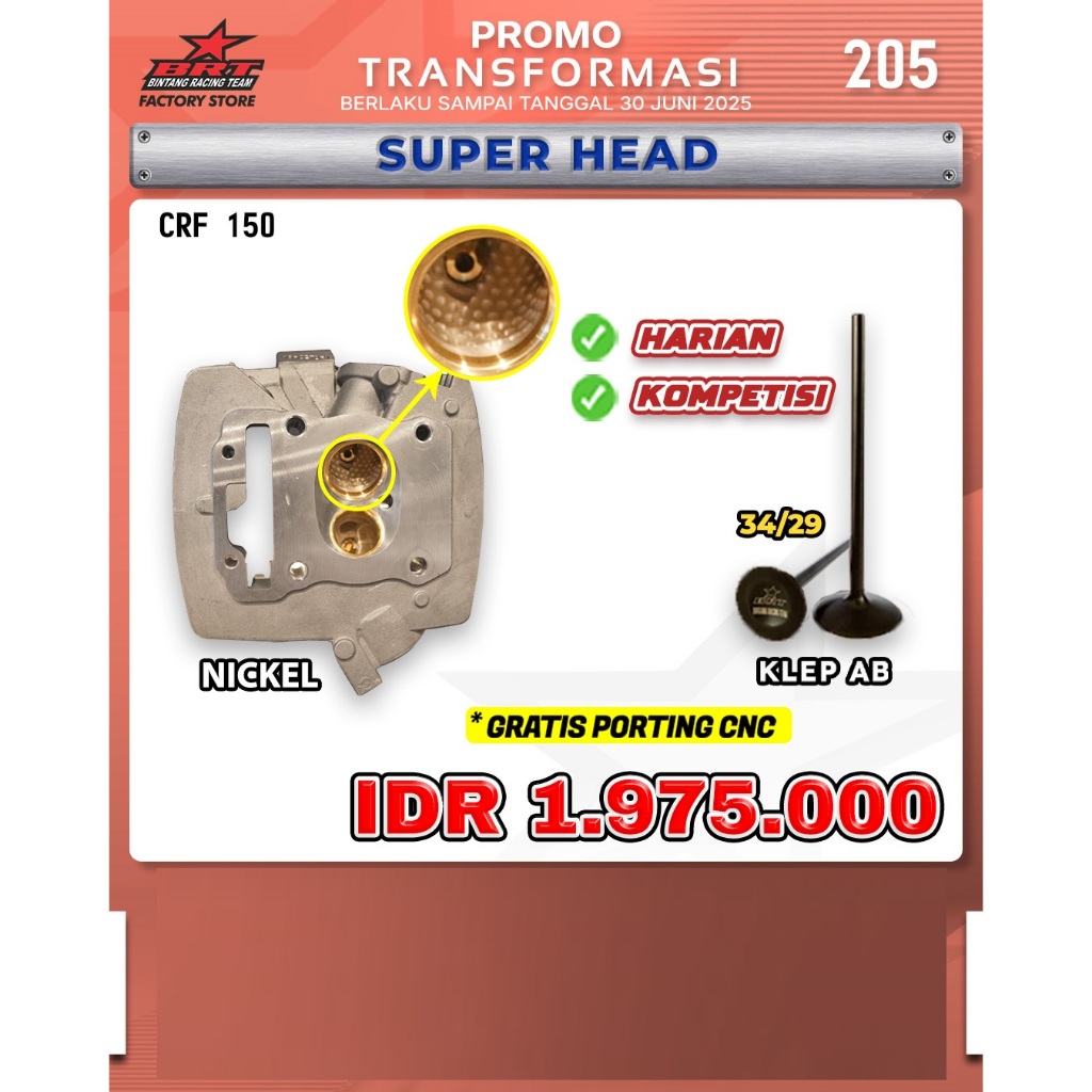 HEAD ALBRONZE NICKEL KLEP 34/29 36/31 38/33 39/34 PORTING CNC BRT BINTANG RACING TEAM - HONDA CRF 15