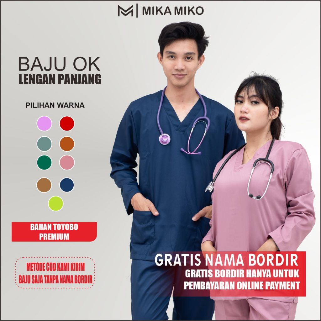 MIKAMIKO Baju OK PERAWAT [GRATIS BORDIR NAMA] OKA Lengan Panjang SCRUB DOKTER BIDAN Stenen Medis