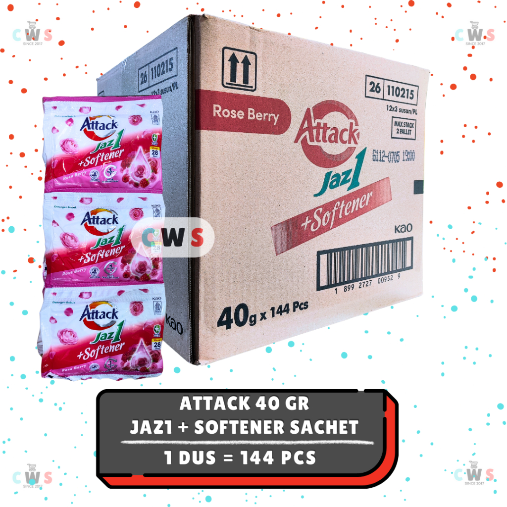 ATTACK JAZ 1 JAZ1 + Softener Rose Berry Deterjen Bubuk Sachet 40 gr - 1 Dus / 144 Pcs