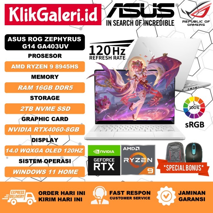 Laptop Gaming Slim Asus ROG Zephyrus G14 GA403UV Amd Ryzen 9 8945HS 16GB DDR5 2TB SSD RTX4060-8GB 14