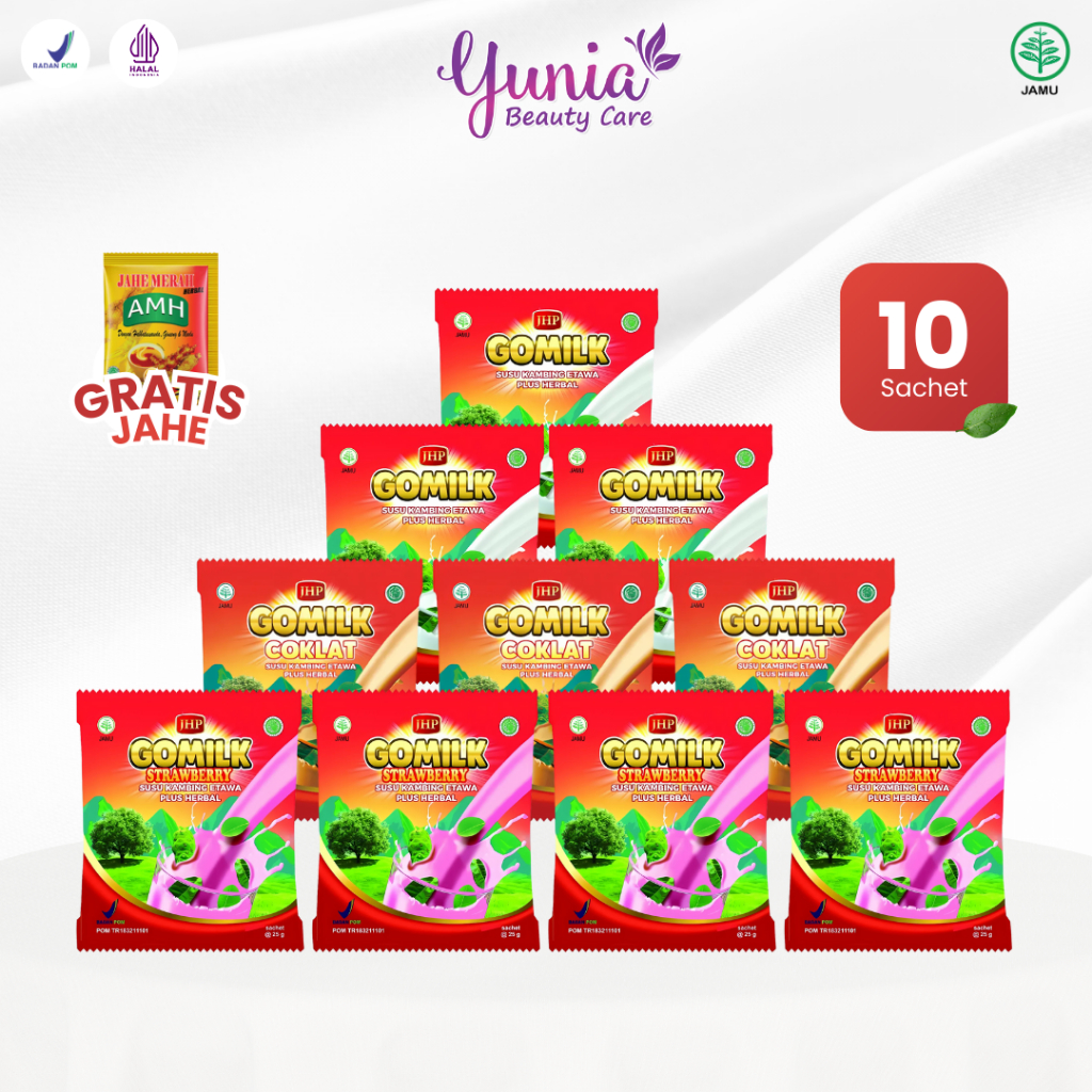 

Gomilk 1 Renceng Isi 10 Pcs Susu Kambing Etawa Plus Herbal Daun Kelor Salam Free Jahe BPOM Halal