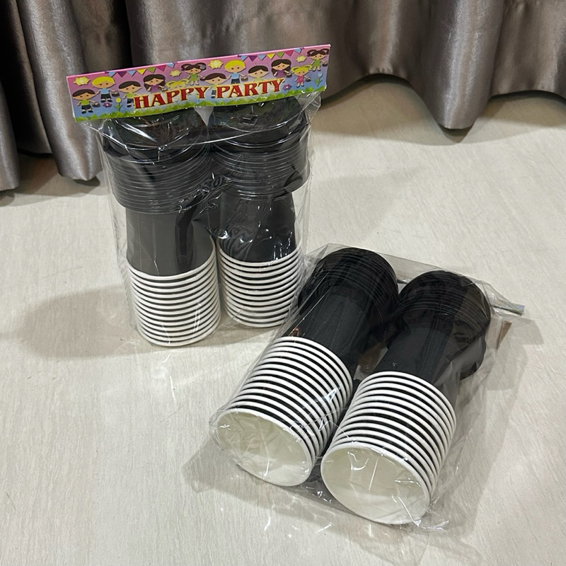[Happy Party] Paper Cup Tebal + Tutup Hitam Coffee Tea 8oz (240ml) FREE Pipet  Sedotan Plastik Pipih