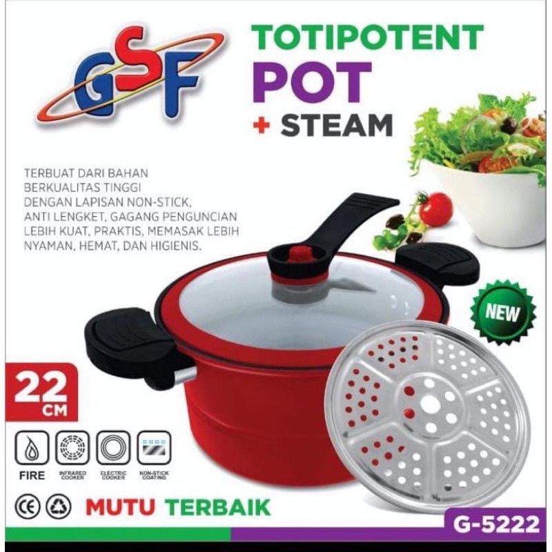 TOTIPOTENT POT + STEAM GSF G-5222 presto viral panci presto teflon presto tutup kaca presto saringan