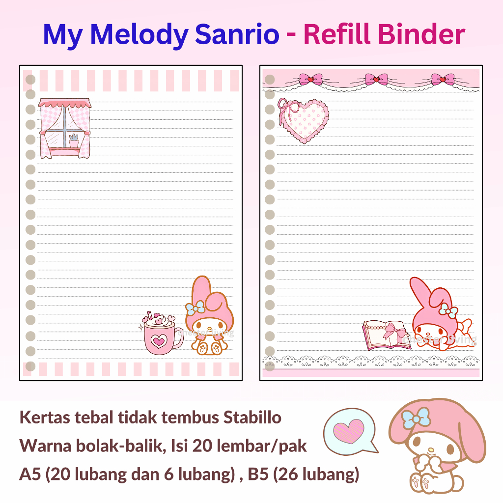 

My Melody Sanrio Loose leaf A5 B5 Isi Kertas File Refill Map Binder | Notes Notebook Memo Buku Tulis