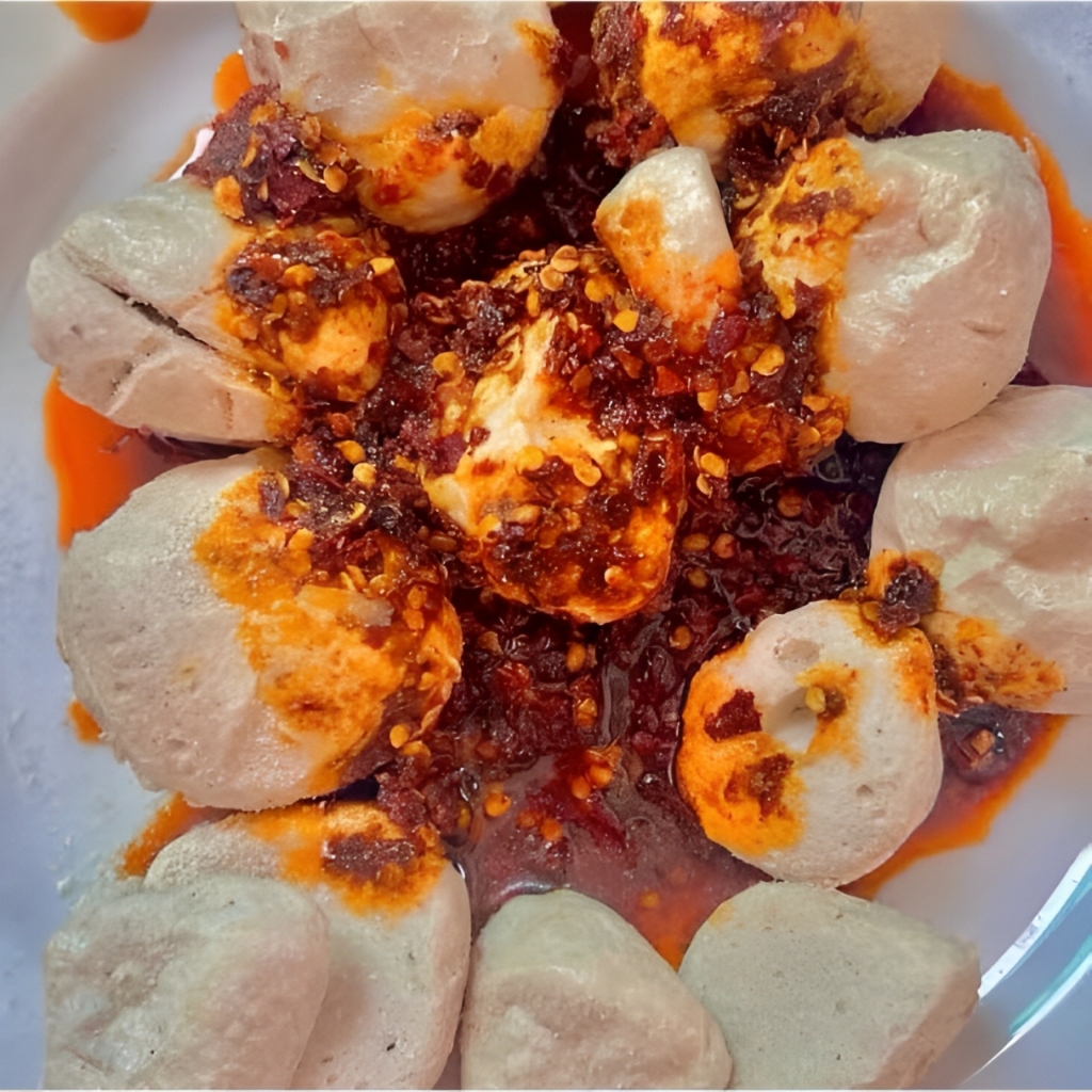 

Baso goreng mentah bumbu chili oil pedas isi 6 butir