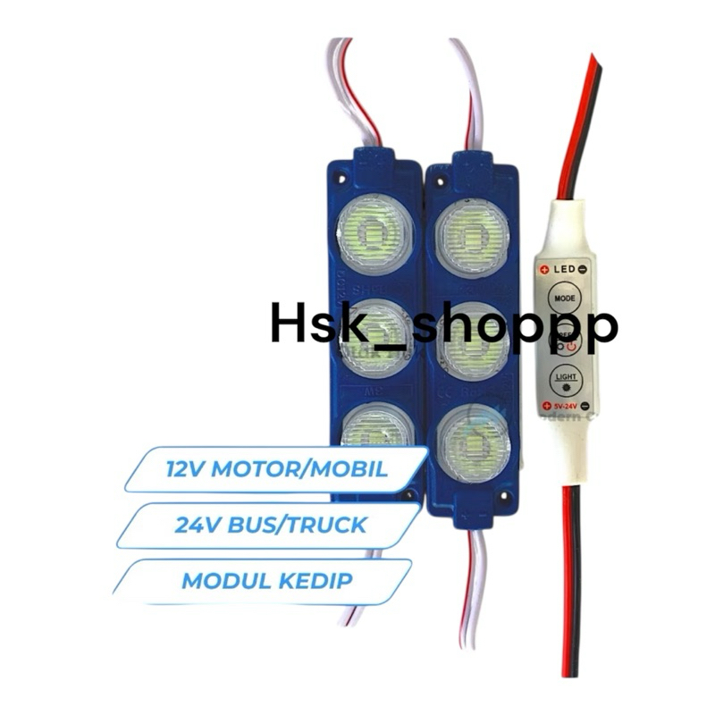 Paket Lampu LED 3 MATA+Modul blitz Kedip Pesawat 12v/24v Lampu kolong variasi Motor Mobil Truk Bus