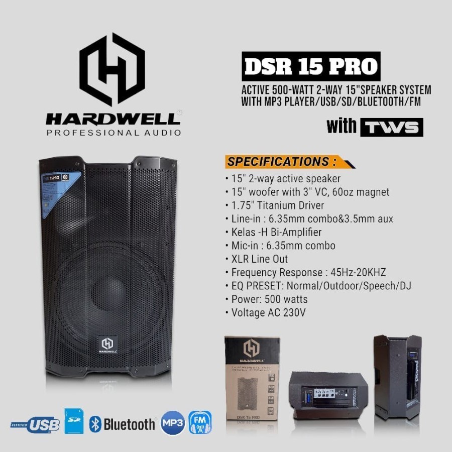 Paket Speaker Aktif HARDWELL DSR 15 Inch Pro 1000 watt Bluetooth TWS ORIGINAL TERBAIK