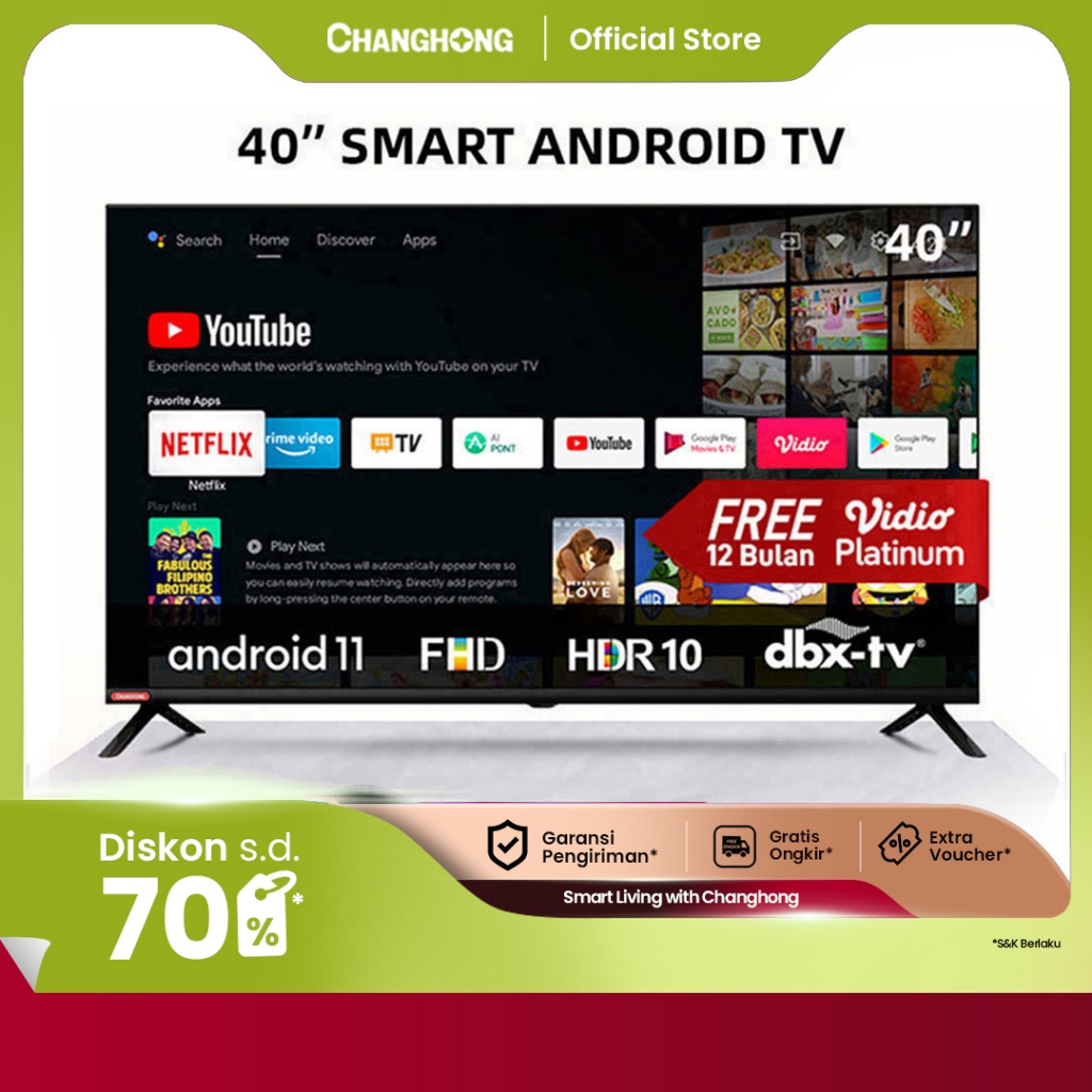 Changhong 40 Inch Newest Android 11 Frameless Smart TV Digital LED TV FHD -Netflix-Youtube-Google Pl