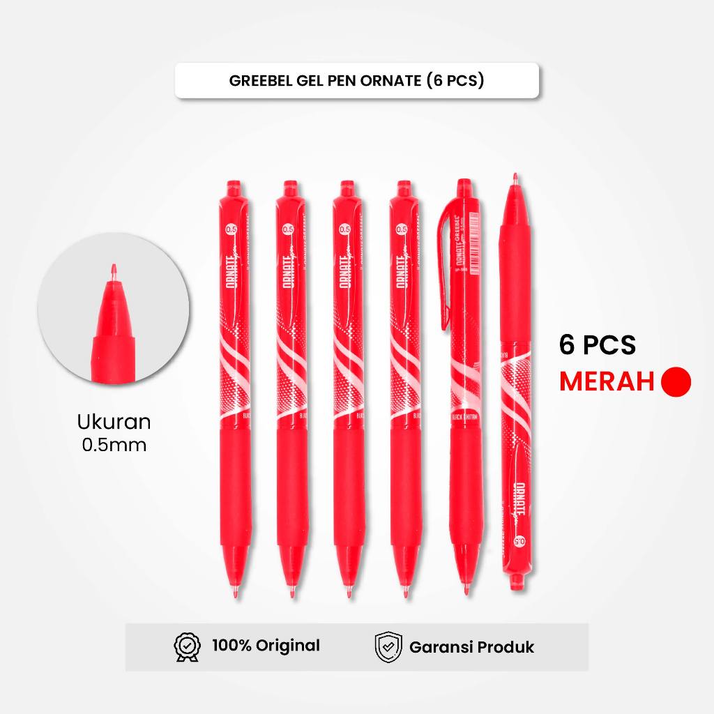 

GREEBEL Gel Pen Pulpen Pena Ornate GP-505 0.5 Merah (6PCS/SET) / Pulpen Gel Murah Grosir