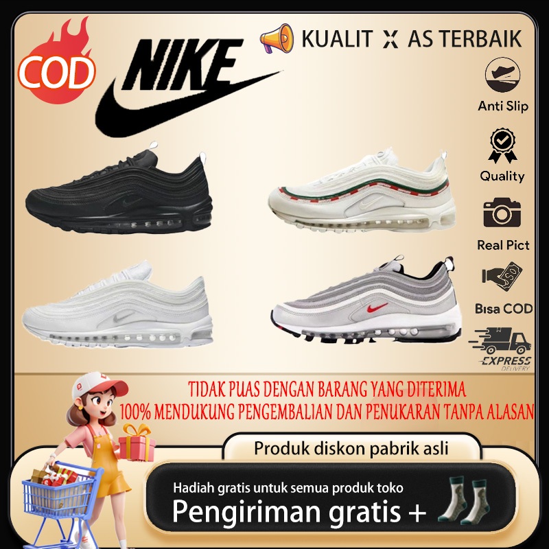 Sepatu lari Nike Air Max 97 low-top terbuat dari tekstil dan kulit sintetis.