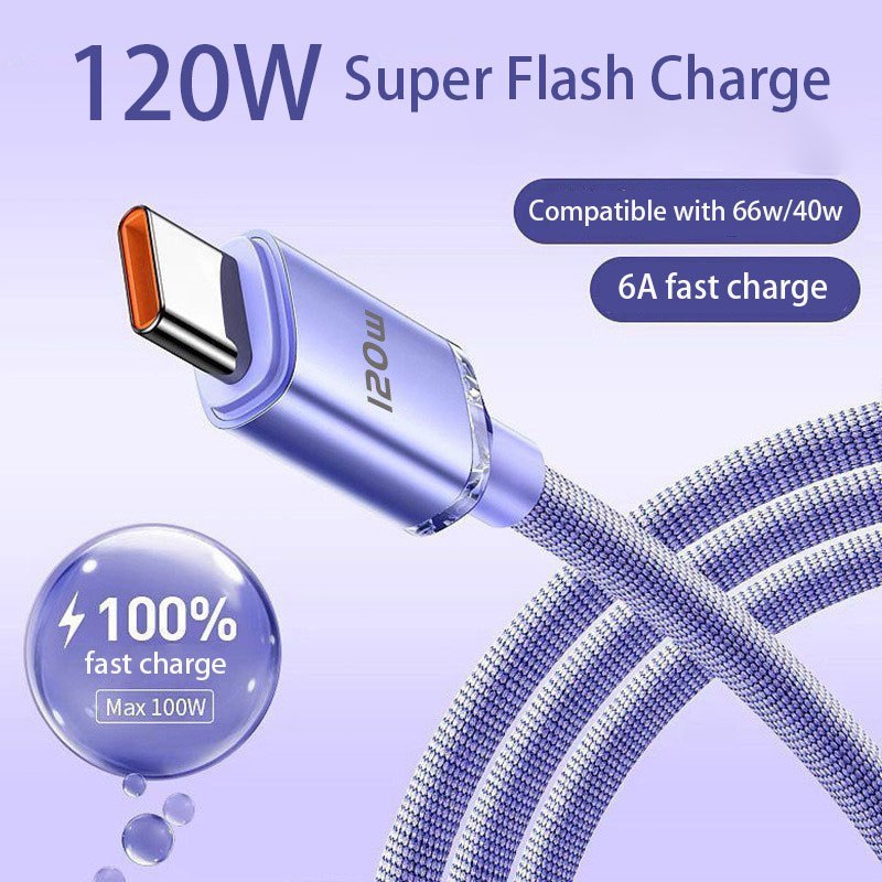 Kabel Fast Charging 120W USB Type C Nilon Berkualitas Kabel Casan Android Cable 6A 1M 2M Super Fast 