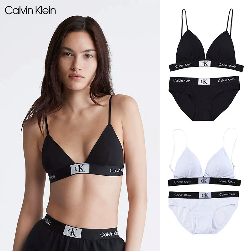 Lingdu Calvin Klein Set Pakaian Dalam Wanita Calvin Klein/Bra Segitiga dengan Logo Kotak