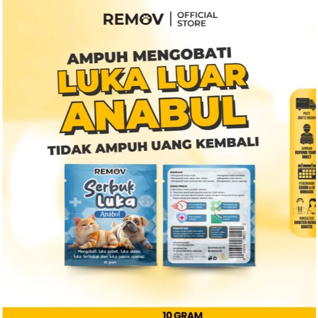 Remov Serbuk Obat Luka Luar Cakar Bernanah Pasca Operasi Antiseptik Antibiotik Kucing Anjing 10gr